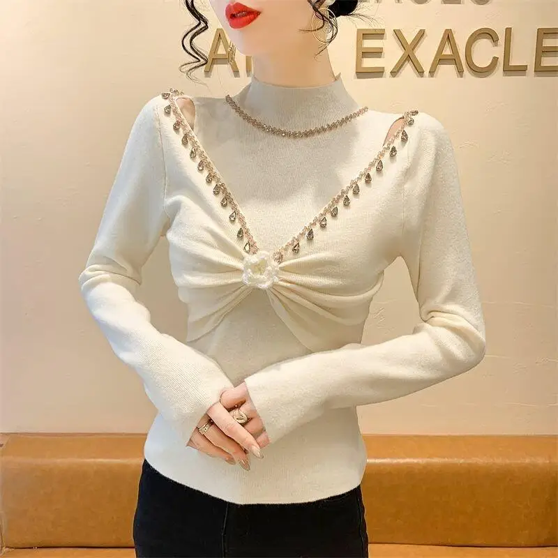 

New Fashion Autumn Winter Women Half High Collar Inner Tshirt Small Western Style Light Luxury Versatile Off Shoulder Tshirttops
