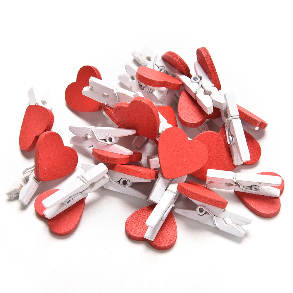 20Pcs Red Heart Love Wooden Clothes Photo Paper Peg Pin Mini Clothespin Postcard Clips Home Wedding Decoration Stationery