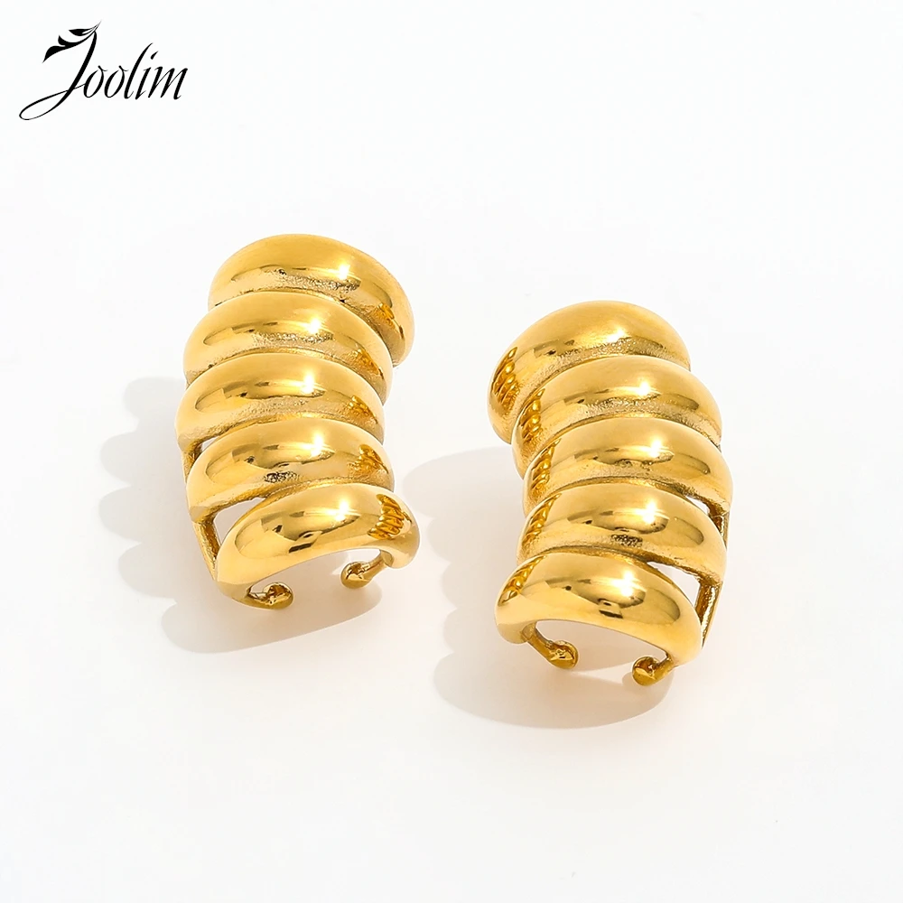 

Joolim Jewelry High Quality PVD Wholesale Fashion Hollow Chunky Threaded Worm Shaped Hoop Stainless Steel Earring for Women