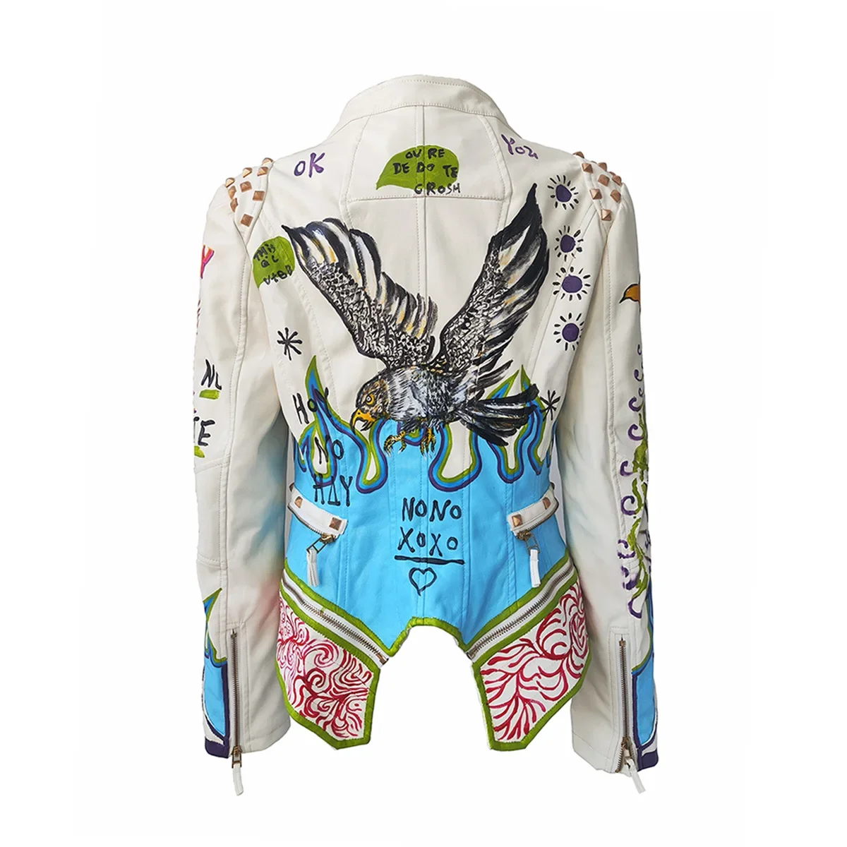 Women's New PU Faux Leather Jacket Rivet Fashion Hand-Painted Flame Eagle Pattern Slim Fit Steampunk Motorcycle Outerwear Coat
