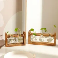 Vintage Glass Vases with Wooden Frame Hydroponic Flower and Plant Container Living Room and Office Desktop Decoration Ornament