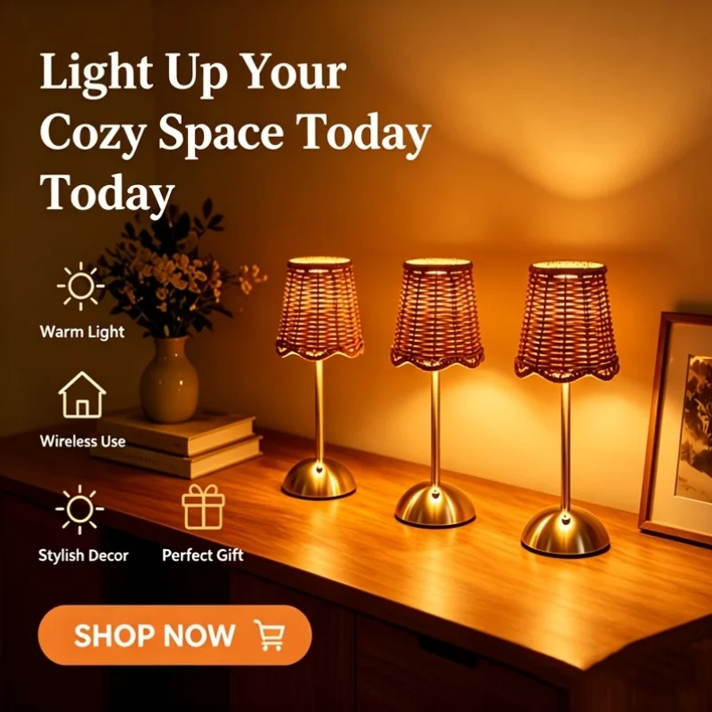 Bohemian Woven Rattan Art Table Lamp 3-Level Dimmable Touch Control USB Metal Bedroom Living Room Study Dining Room Lighting Gift for Family Friends view 3