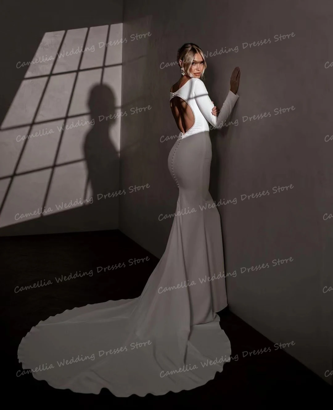 Luxury Mermaid Wedding Dresses Women's Sexy Beading Backless Bridal Gowns Long Sleeve O Neck Count Train Vestidos Robe De Mariée