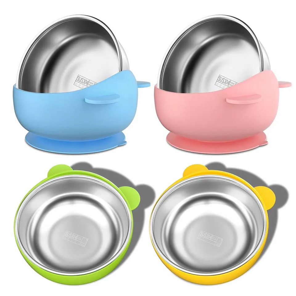 

2 In 1 Silicone Stainless Steel Bowl Baby Feeding Bowl Self Feeding Training Bear Bowl Feeding Tableware Silicone Sucker Bowl