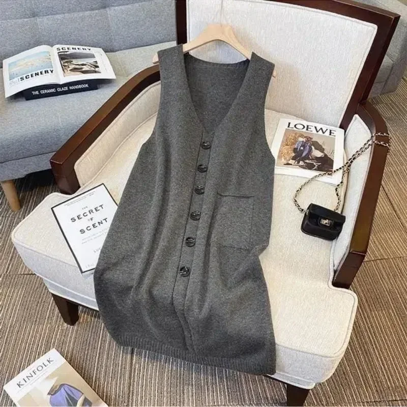 Medium to long knitted vest dress new loose and slimming V-neck spring and autumn sweater women's vest dress