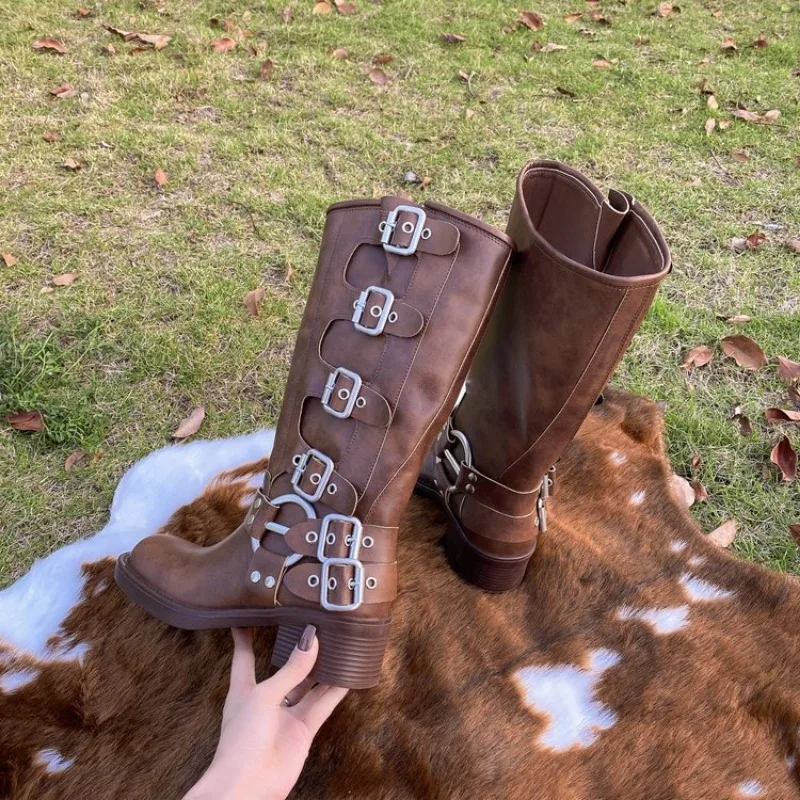 Metal Buckle Square Toe Gothic Boots Women Black PU Leather Punk Long Boots Woman Chunky Heels Motorcycle Booties Cowboy Boots