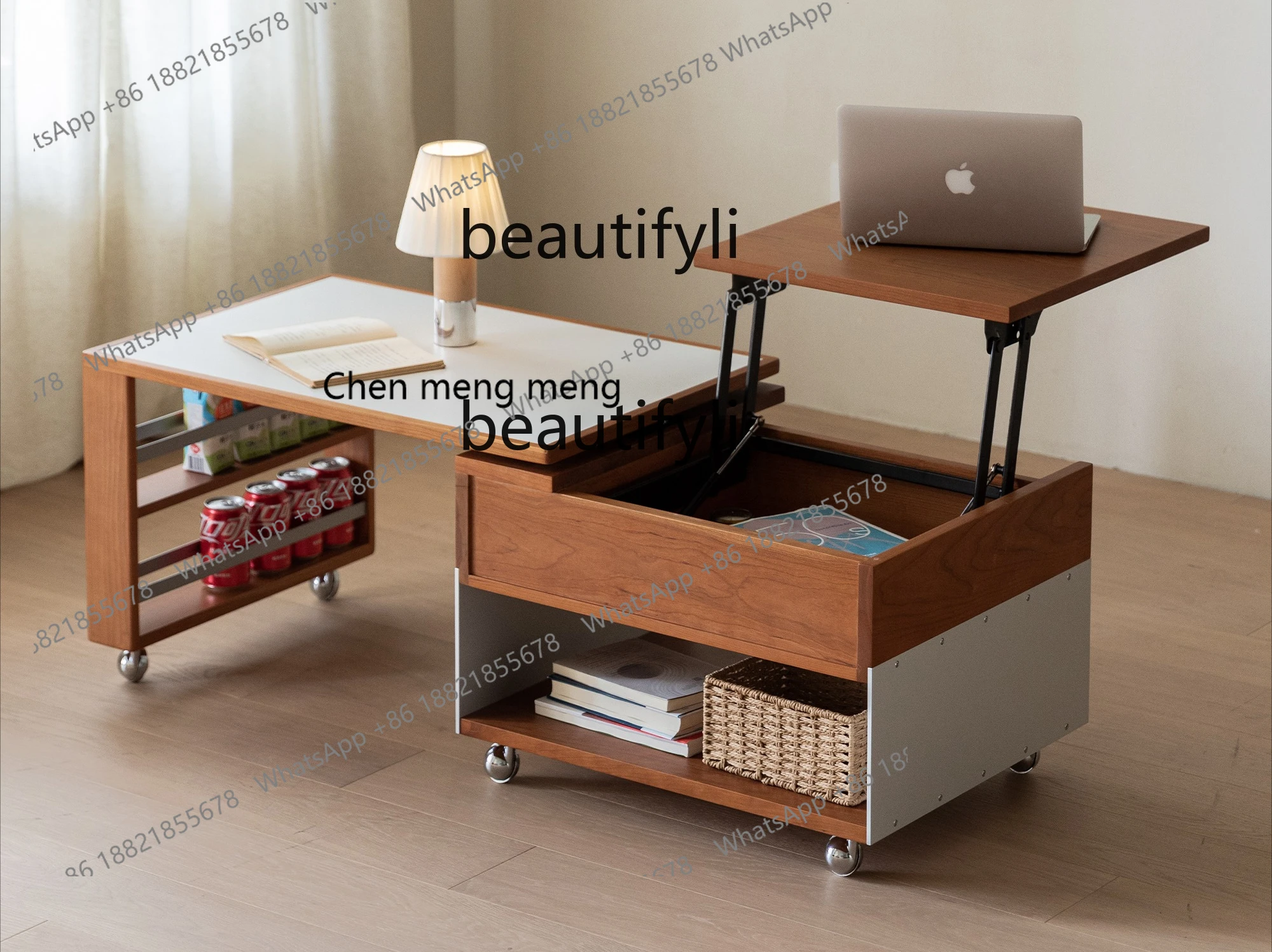 Adjustable Rotating Solid Wood Rock Slab Coffee Table for Home Living Room Small Apartment Mobile Sofa Side Table