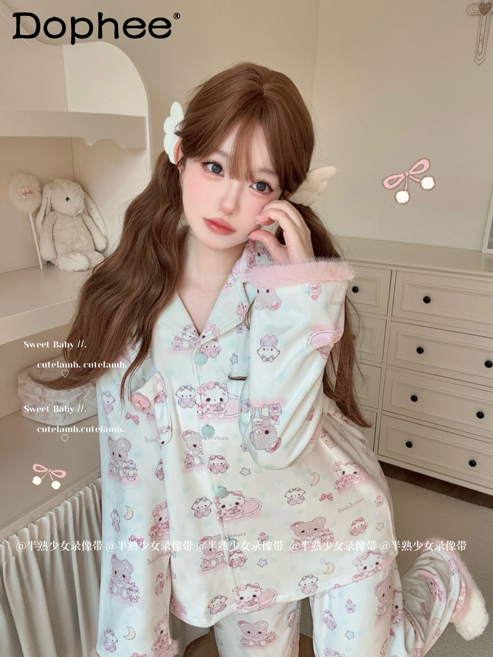 

Japanese Style Original Autumn Winter New Sweet Cute Thin Velvet Lapel Pajamas Fleece Warm Long Sleeve Homewear Set