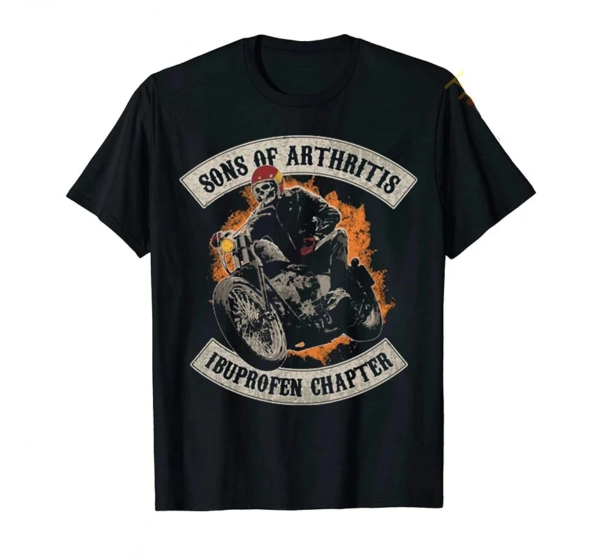 Sons with Arthritis Ibuprofen Chapter Funny Biker Skull T Shirt Black Vintage Mens Graphic Shirts Gothic Ropa Hombre Streetwear