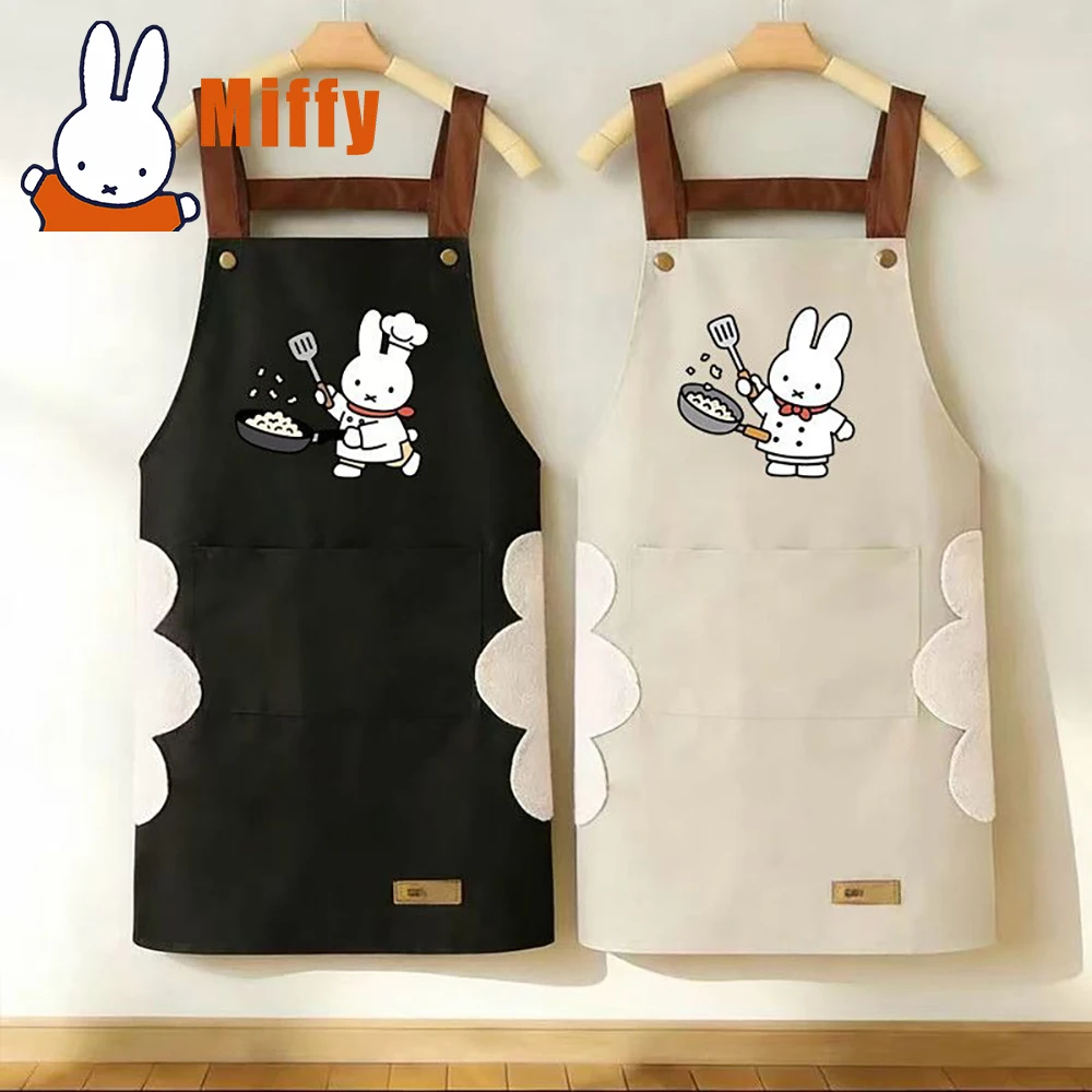 Kawaii Miffy Waterproof Kitchen Apron Cute Chef Cooking Bib Style Adjustable H-Back Strap with Towel Pocket Cooking Girl Gift