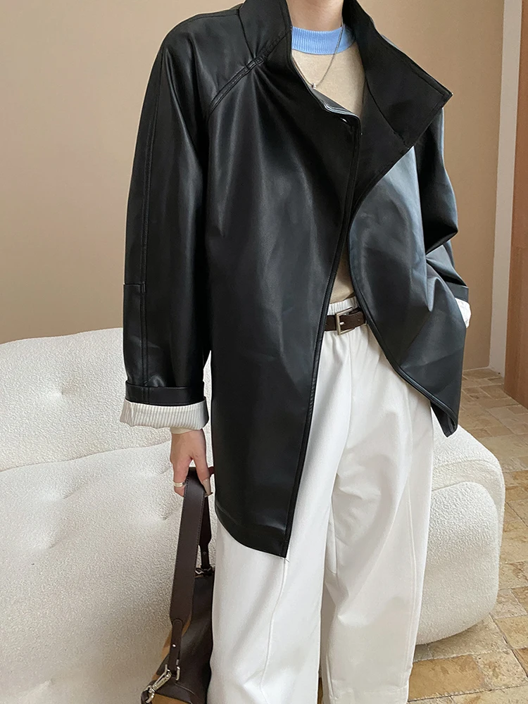 FANAN 黒革のジャケット女性のためのスタンドネックシングルブレストエレガントなコートオフィスレディ女性服 2025 秋新