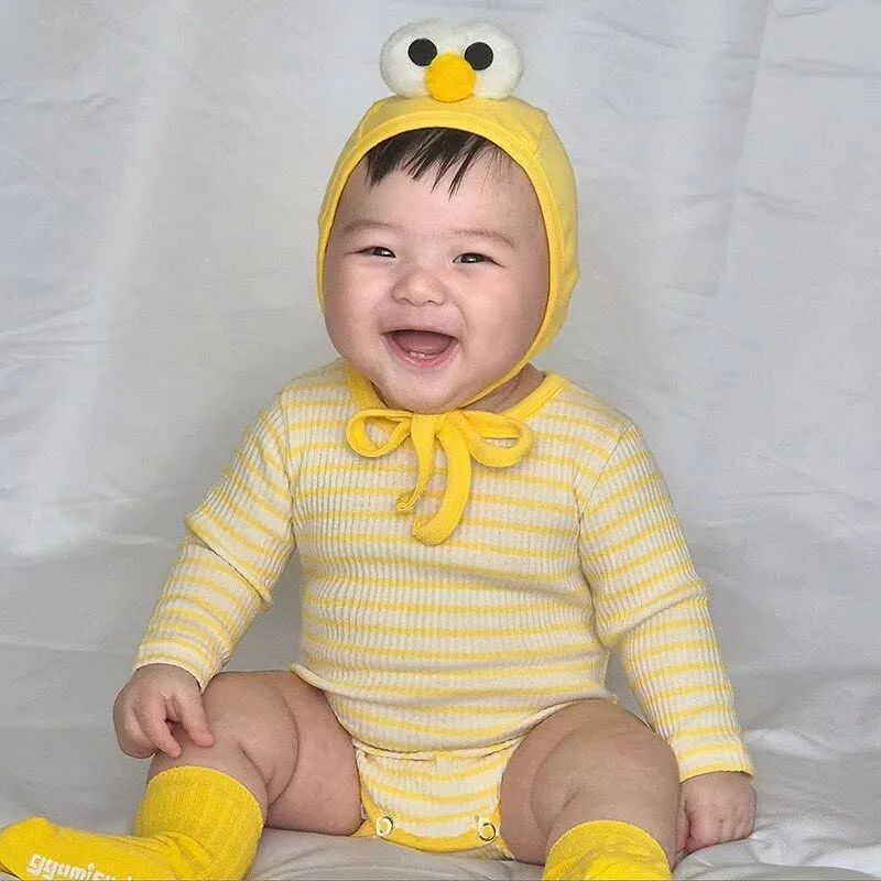 Ins  Cute Striped Baby Bodysuit with Big Eyes Print & Hat Lightweight 100% Cotton Spring Outfit for Newborn Infant Boys Girls