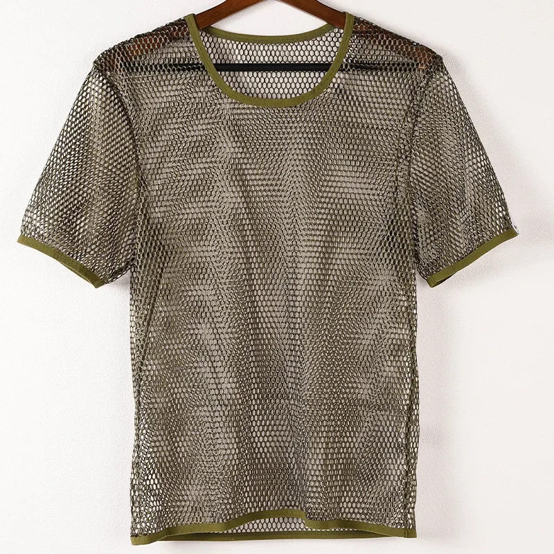 Mens Mesh T-Shirt New Summer See Through Hollow Out Breathable Streetwear Tops