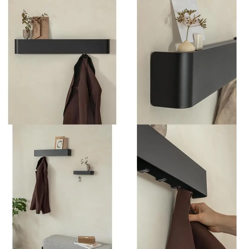 

Современная настенная вешалка для одежды с полкой, скрытыми крючками и местом для хранения шляп и сумок - черная