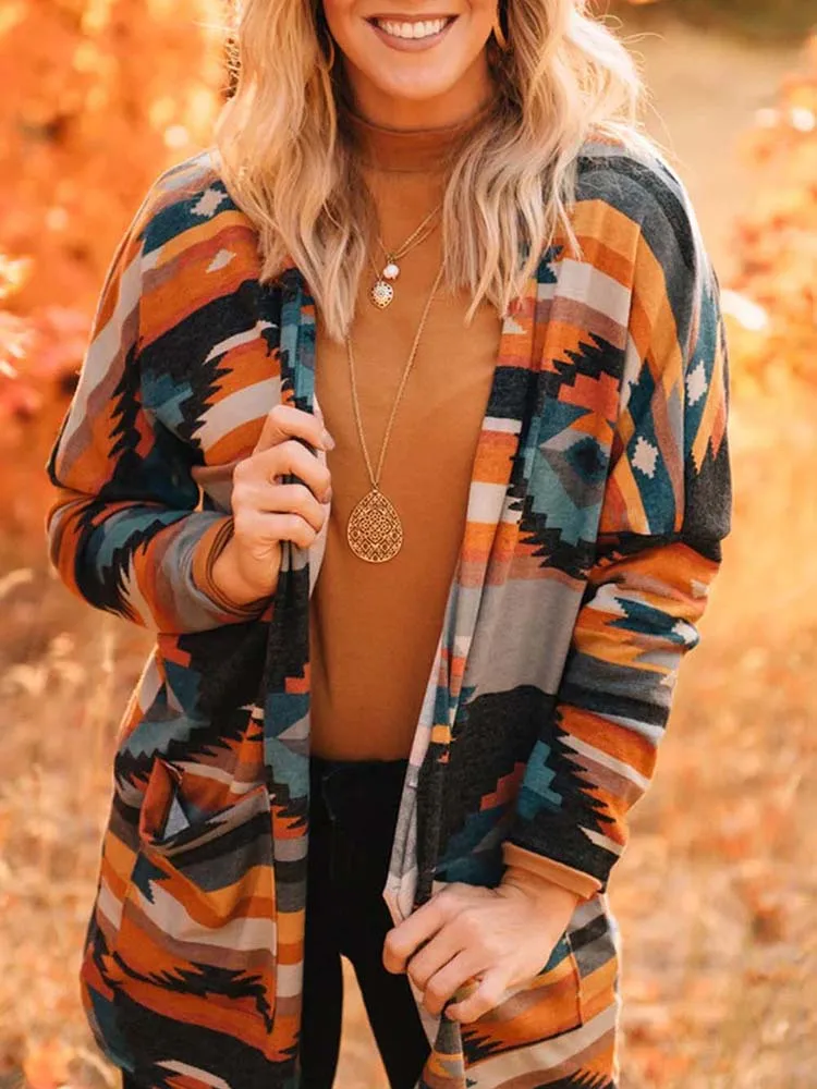 Khalee Yose Orange Aztec Print Cardigan Blouse Western Tribal Long Sleeve Pocket Autumn Spring Women Ladies Long Boho Cardigans