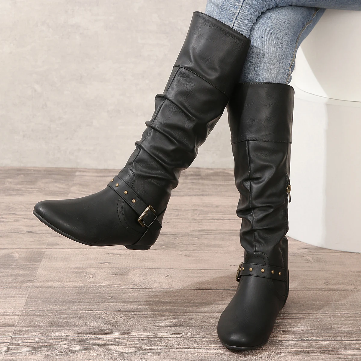 Vintage Female Knight Leather Boots European American Western Cowboy Style with Autumn Winter Cuff Belt Buckles Round Toe view 3