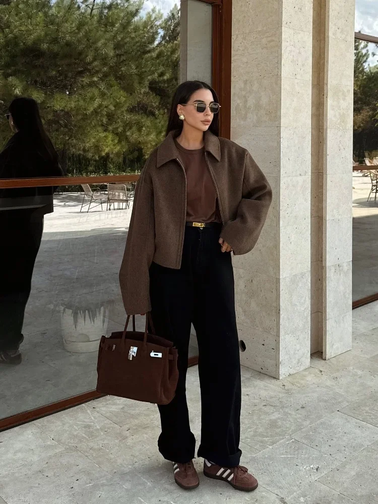 Chaqueta corta de lana marrón Vintage para mujer, abrigos recortados con cremallera, manga larga, solapa elegante, ropa de calle elegante para