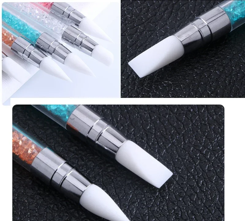 1 pieza de bolígrafo de doble punta con cabeza de silicona para tallar y puntear, pinceles para arte de uñas, herramienta con mango de cristal para manicura DIY en gel 6