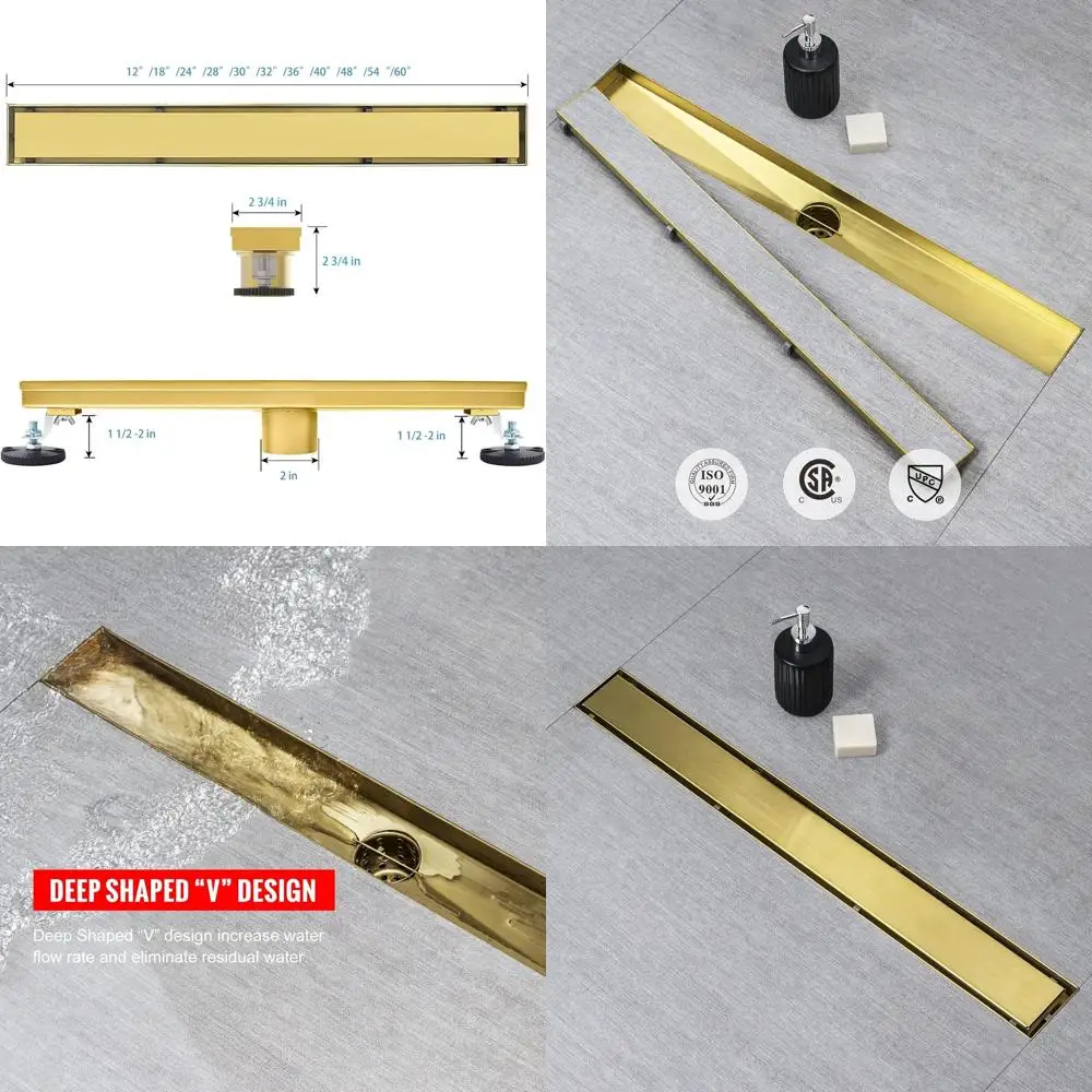 

30 Gold 2-in-1 Tile Insert Shower Drain, 304 Stainless Steel with Brushed Gold Finish, Hair Strainer & Leveling Feet