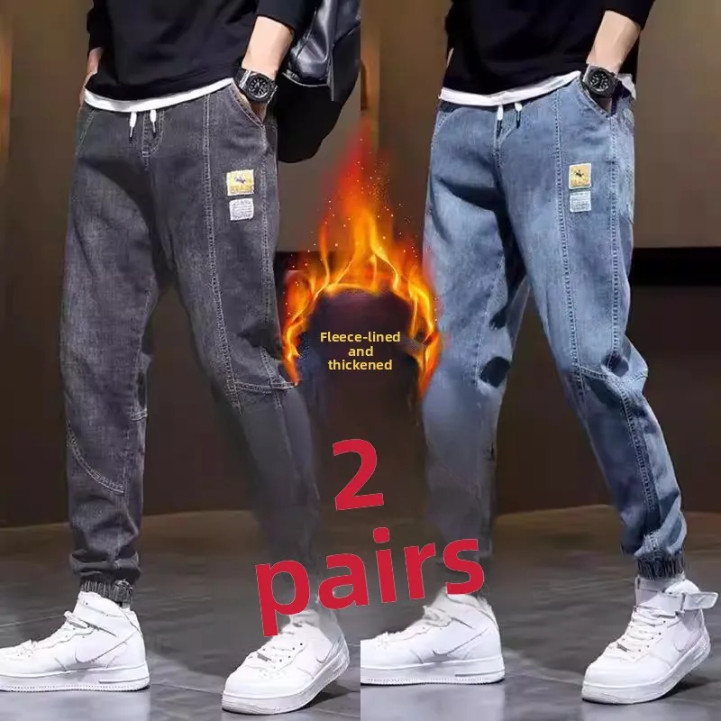 

Мужские джинсы Thiened Fce, осенне-зимние свободные теплые повседневные износостойкие брюки, длинные брюки в стиле ретро, хлопковые молодежные Fa...