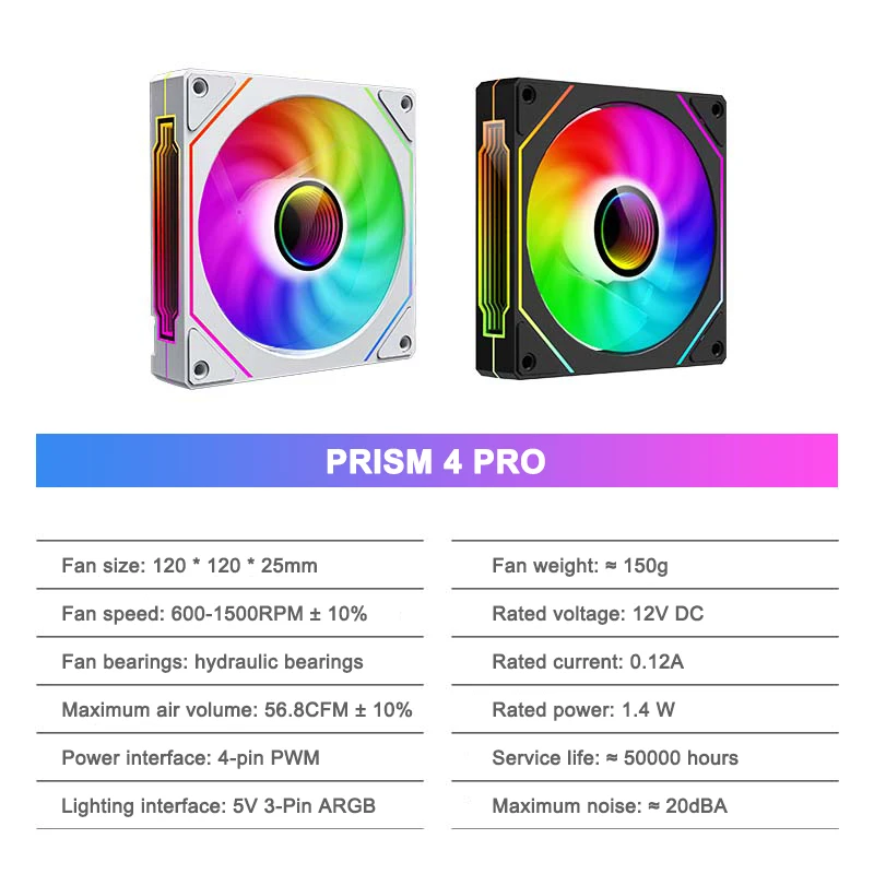 Zezzio PRISM 4 PRO ARGB CPU Cooling Fan 4PIN PWM Computer Case Fan 12V 600-1500RPM Air Cooled 120mm Quiet Chassis Cooling Fan