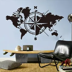 Compass World Map Travel Wall Sticker Classroom Office Adventure Wall Decal Bedroom Vinyl Decor Art Mural Living Room P367