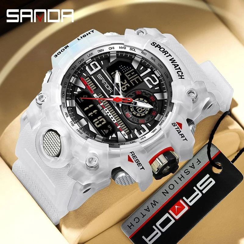 SANDA Couples Transparent Strap Waterproof Watch Multifunctional Luminous Alarm Clock for Men, Women, and Students