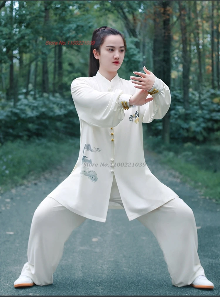 2025 chinese tai chi wushu uniform bloemenprint kung fu pak taijiquan vechtsporten wingchun set ochtend praktijk sport kleding