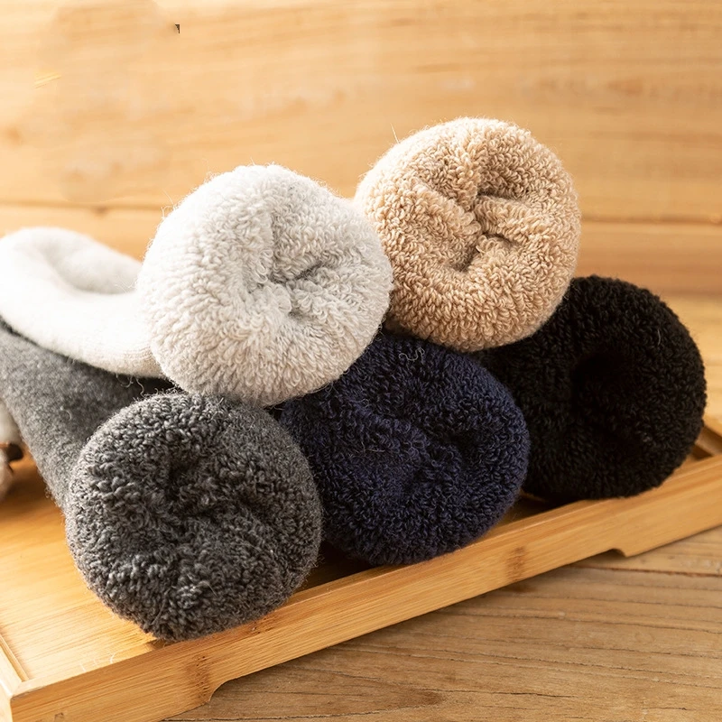 5 Pairs/Winter Super Thick Wool Socks for Men Women Thick Towel Bottom Merino Wool Mid-tube Socks Solid Color Thick Snow Socks