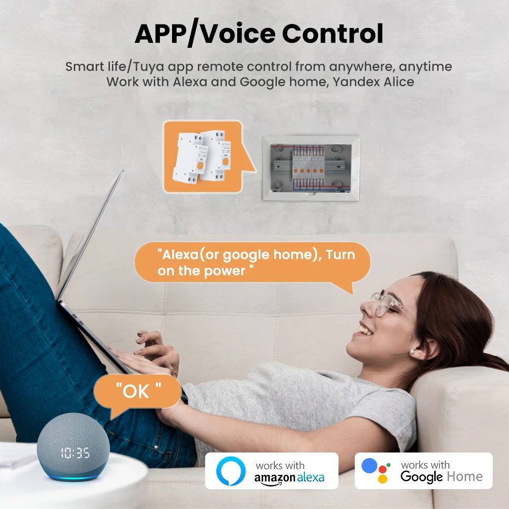 MIUCDA-disyuntor inteligente Tuya WiFi 1P 63A, Monitor de consumo de energía de riel DIN con función de alarma, interruptor de Control remoto por aplicación
