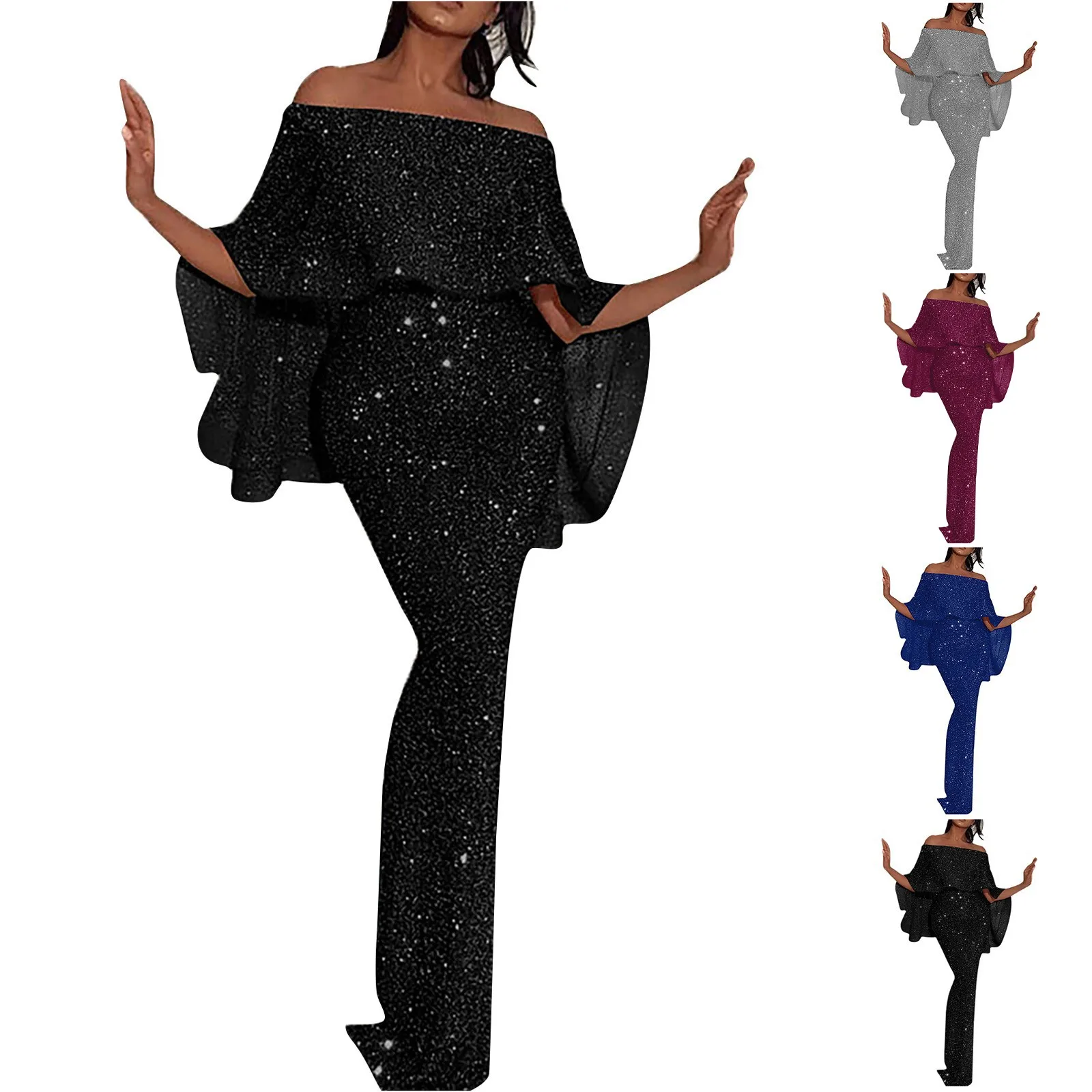 فستان نسائي فضي عاري الكتفين مزين بالترتر فستان نسائي متألق لحفلات العشاء حورية البحر نحيف للحفلات الراقصة والمناسبات الرسمية الاجتماعية