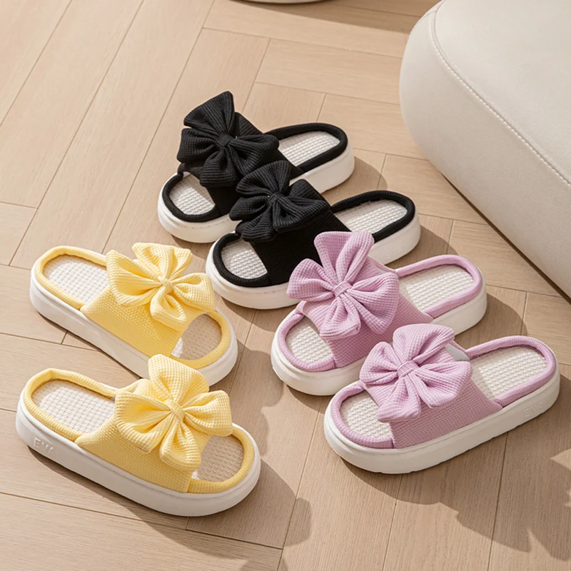 

Hemp Platform Slippers Women Home Bow Sweet Casual Designer Shoes Ladies Spring Summer Indoor Slides Soft Sole Non-Slip Floor
