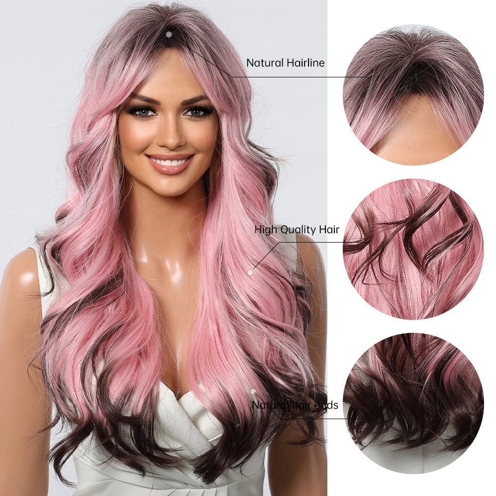 Black Pink Ombre Synthetic Wigs Long Body Wave Colored Wigs with Bangs Loose Wave Wig for Afro Women Brazilian Halloween Cosplay