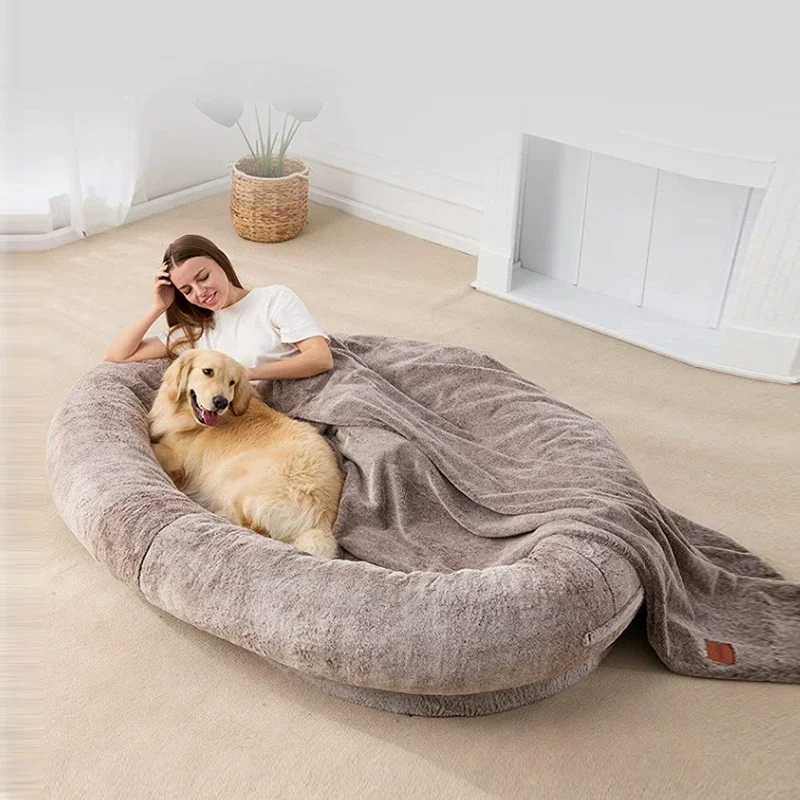 Custom Grey Faux Fur Fluffy Anti Anxiety Giant Dog Bed for Human Super Big Extra Large Luxury Cozy Pet Human Size Dog Bed