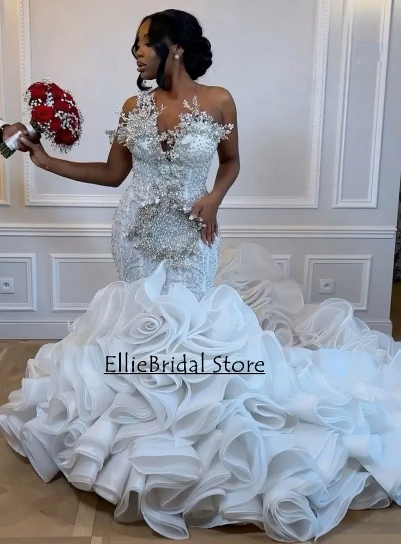 Luxury African Weddings Dress 2024 Sweetheart Beading Crystal Mermaid Bridal Gowns Ruffles Dubai vestido de novia Customized