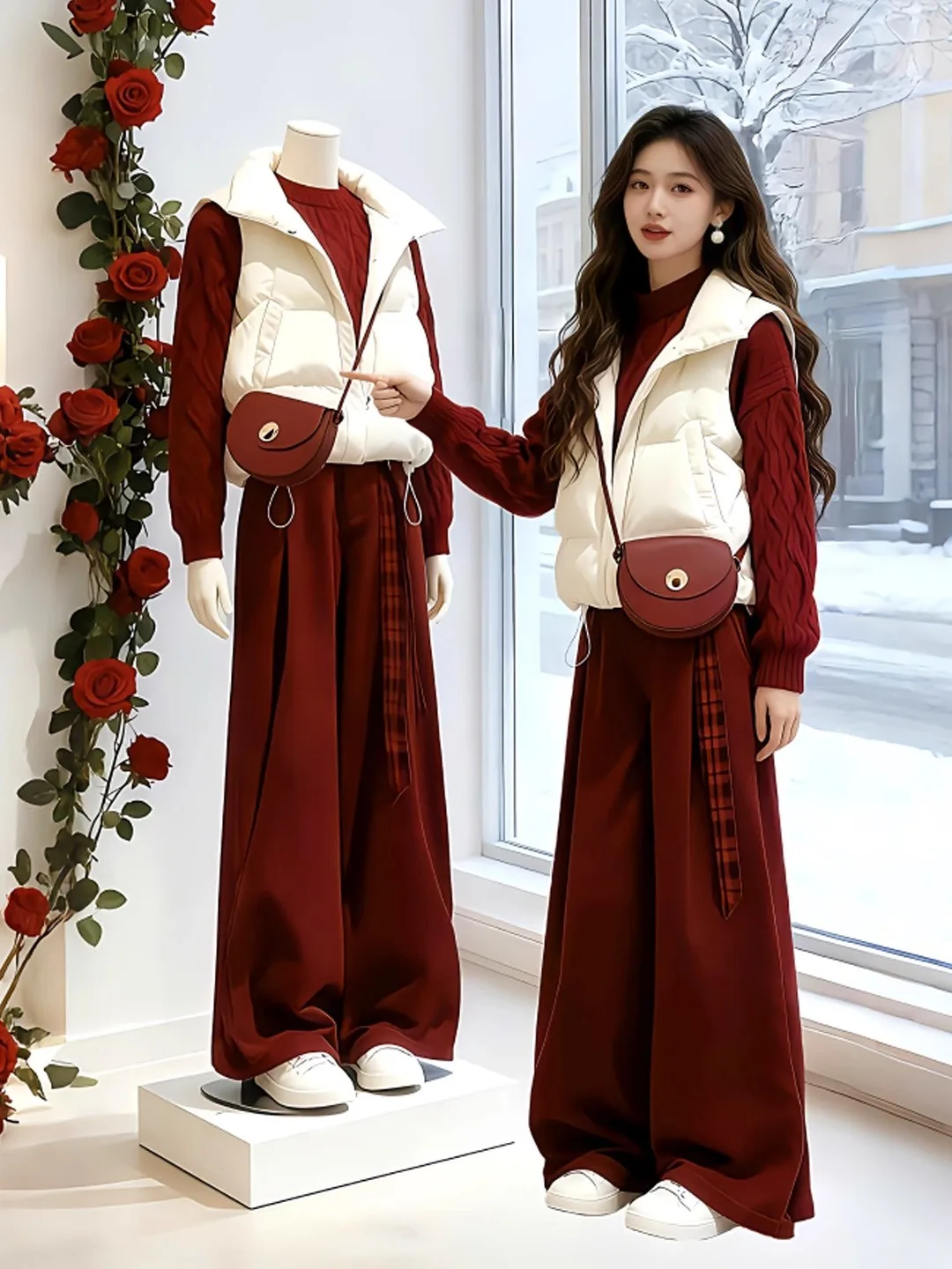 

Cisas Sle вязаный свитер, жилет, красные повседневные брюки с высокой талией, комплект из футболки, женская модная хлопковая одежда, Новый год