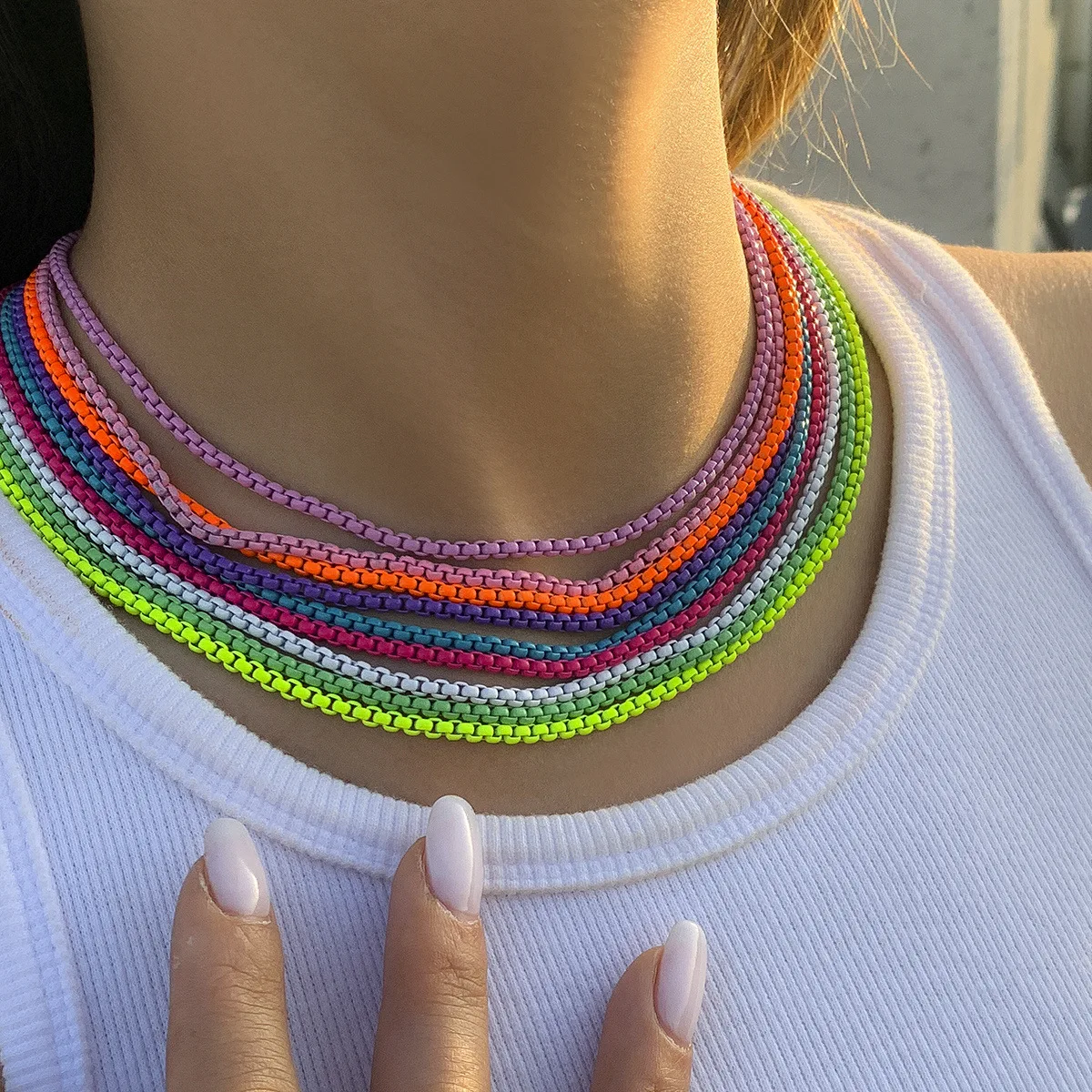 Edelstahl Boho Candy Farbe Halskette Kette DIY Basic Frauen Mädchen 3mm Halsband Link Grün/Rosa Box Ketten schmuck Zubehör – Detail 4