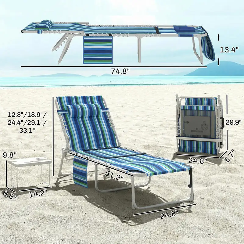 Outsunny Tanning Chair Set of 2 with Face Hole and Side Table, 5-Position Folding Outdoor Chaise Lounge Chair, Blue Stripe