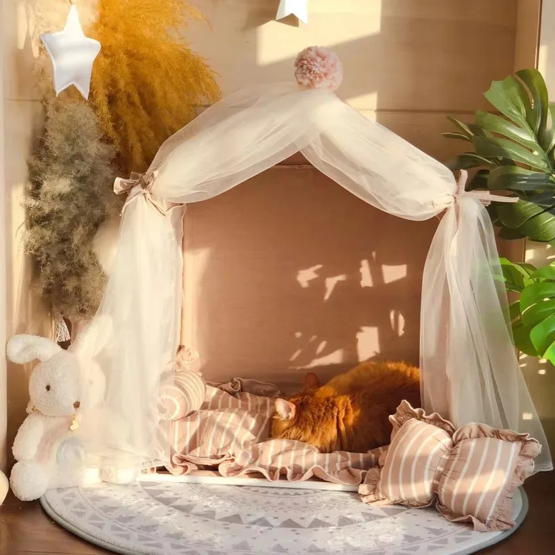 Cute Princess Style Pet House Washable Dog & Cat Bed for Small Breeds All Season Cozy Cotton Cushion Puppy Shelter Pet Furniture