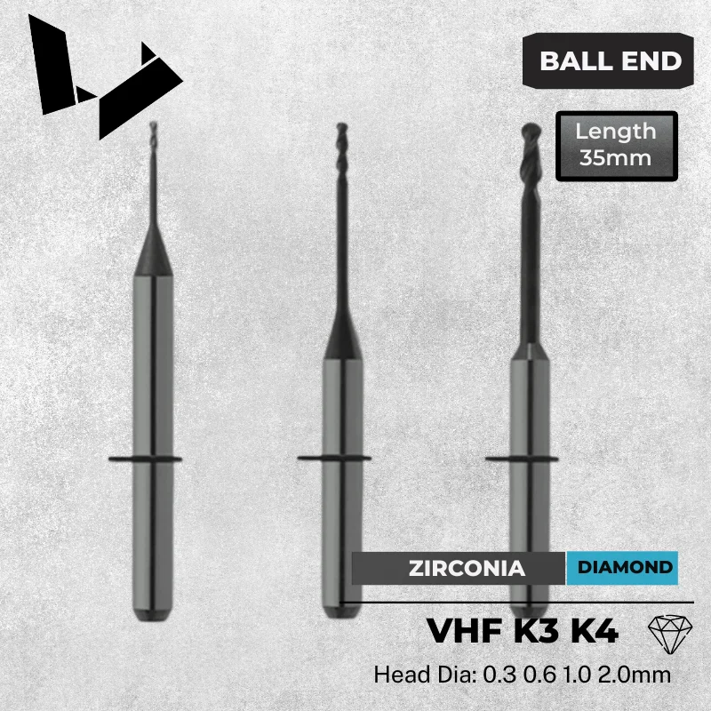 

VHF 4-осевая фреза ZIRCONIA — Z060-R2D-35* Z100-R2D-35* Z200-R3D-35* Сменная фреза с двойным и тройным зубом с алмазным покрытием