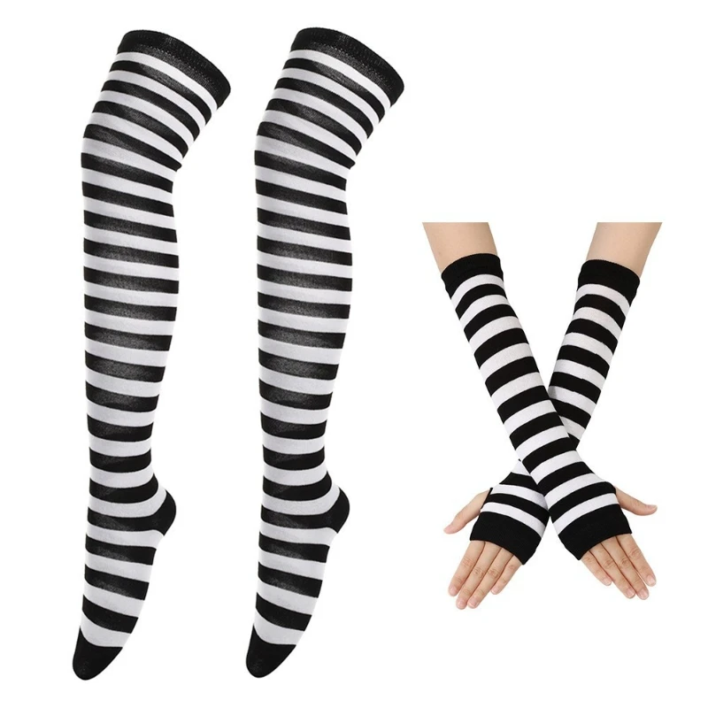 QQ Cat Cat Ear Bow Headband Necklace Claw Gloves Cosplay Plush Bell Women Girl Masquerade Party Black White Stripes Tail Socks - view 5