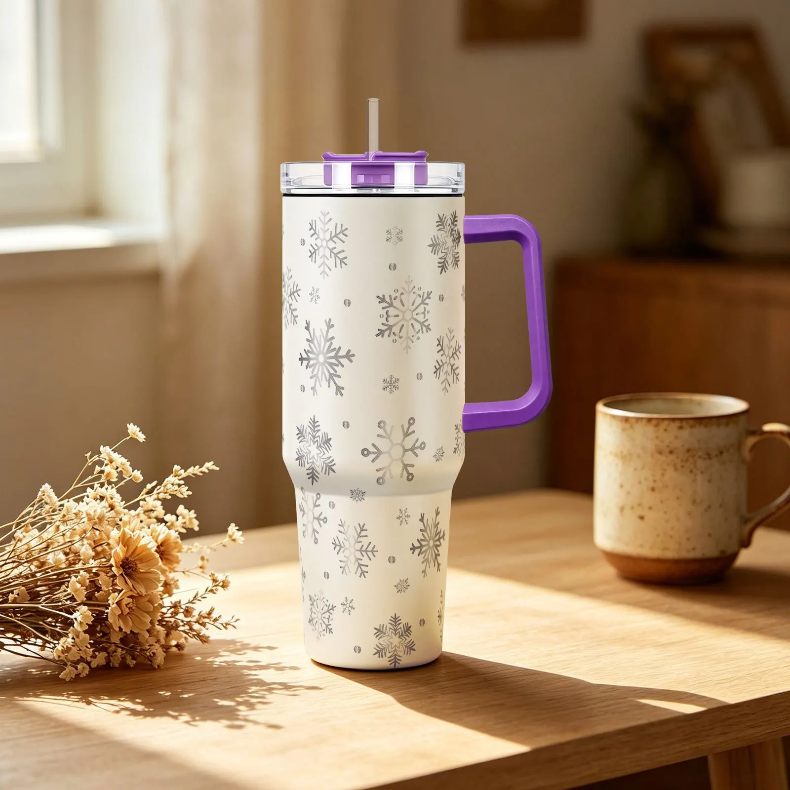 1pc 40Oz Insulated Tumbler, Cold Cup And Mug, Lid with Straw Multicolor Handle Design, Snowflake Pattern, Suitable for Home, Restaurant, Outdoor Sports, Car Use, Multi-Purpose Water Bottle, Ideal Gift Choice for Her/Him, Christmas, Halloween