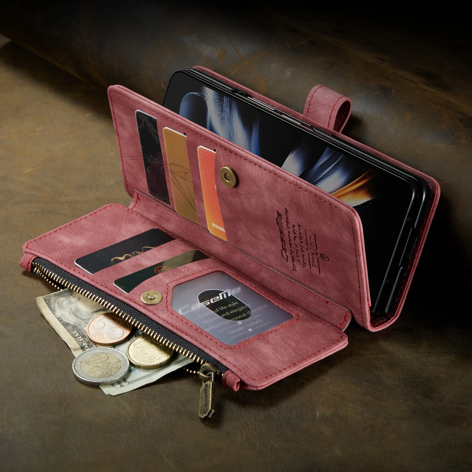 Luxury Zipper Leather Wallet Case For Samsung Galaxy Z Fold 5 4 3 5G Card Slots Purse Shockproof Cover For Z Fold5 Fold4 Fold3