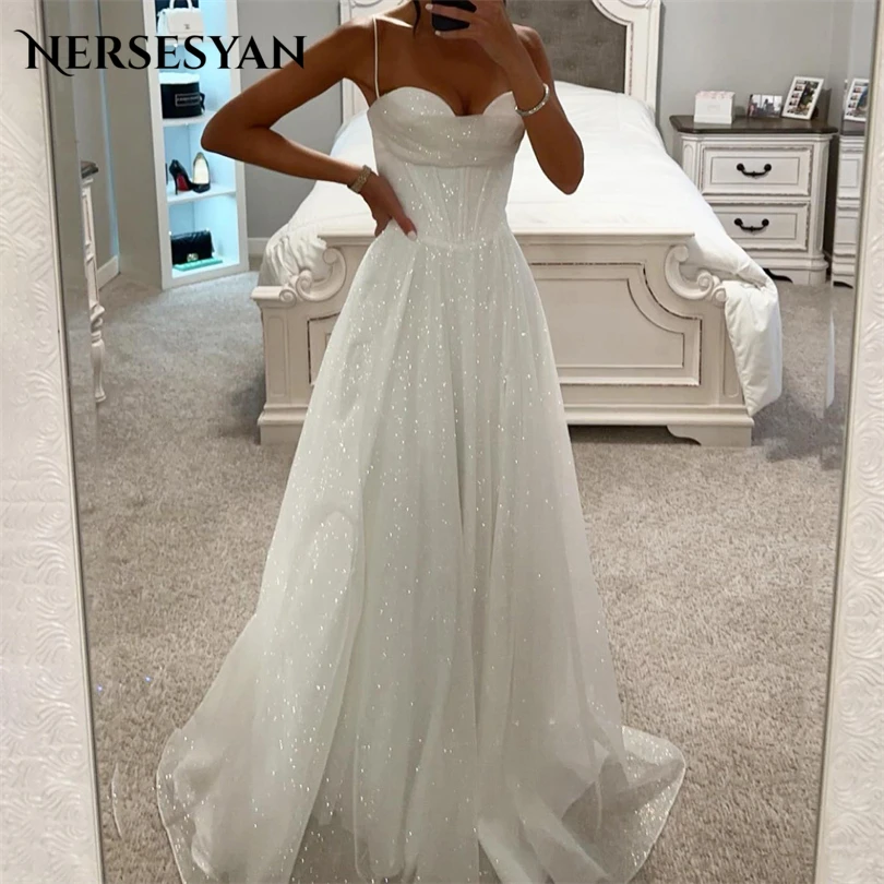 

Nersesyan Fashion Tulle Glitter Wedding Dresses Spaghetti Straps Sleeveless Bridal Gowns A Line Draped 2023 Vestidos De Novia