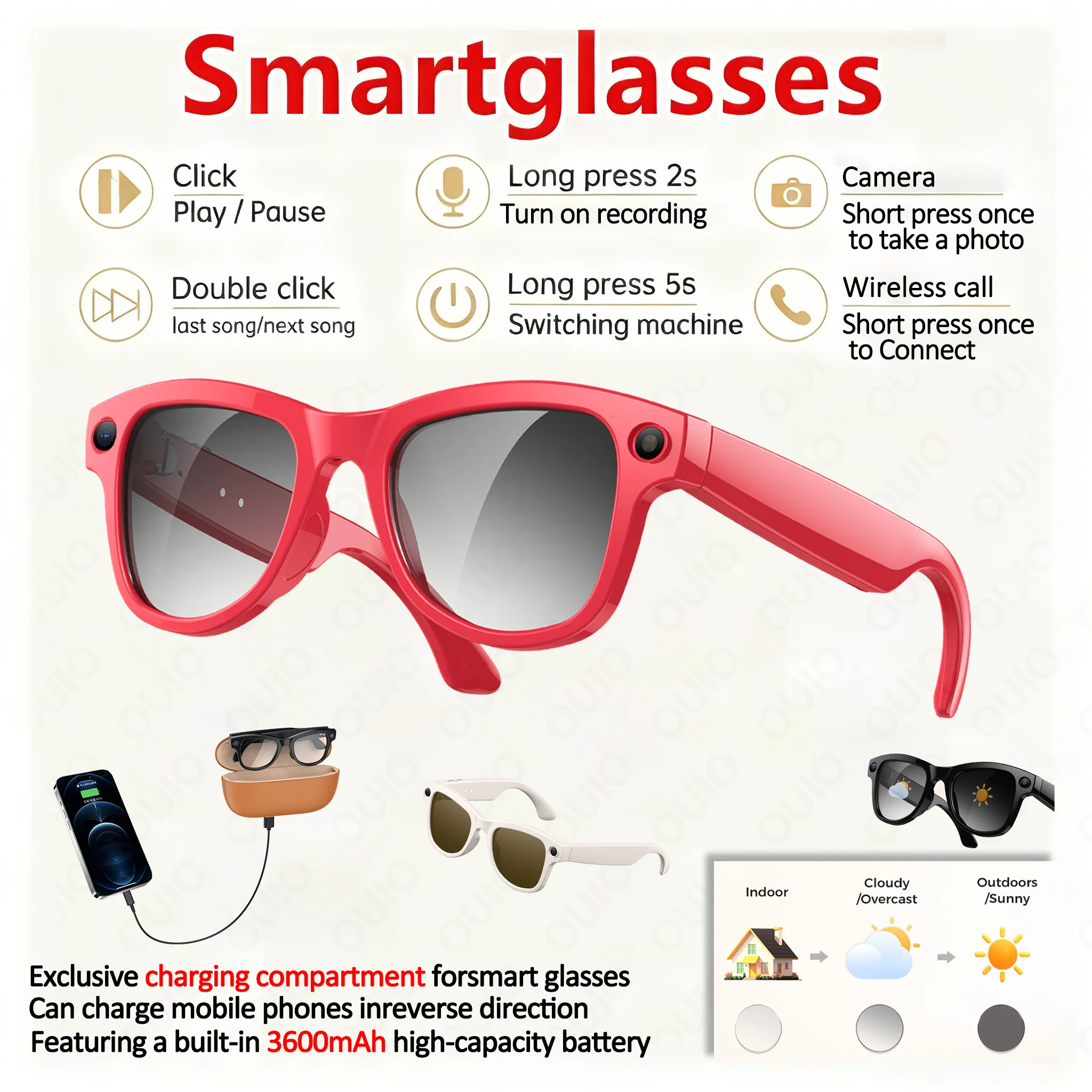 800 واط AI كاميرا ذكية الدردشة GPT ترجمة التحكم الصوتي واي فاي نقل 1200P HD اطلاق النار 3600 مللي أمبير شحن النظارات الذكية #1