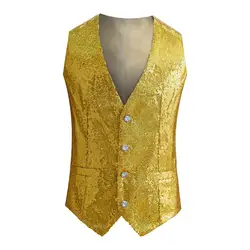 Mens Suit Vests Sequined Tank Top Suit Business Evening Wedding Party Button Waistcoat Shiny Gold Sequin Vest Jacket
