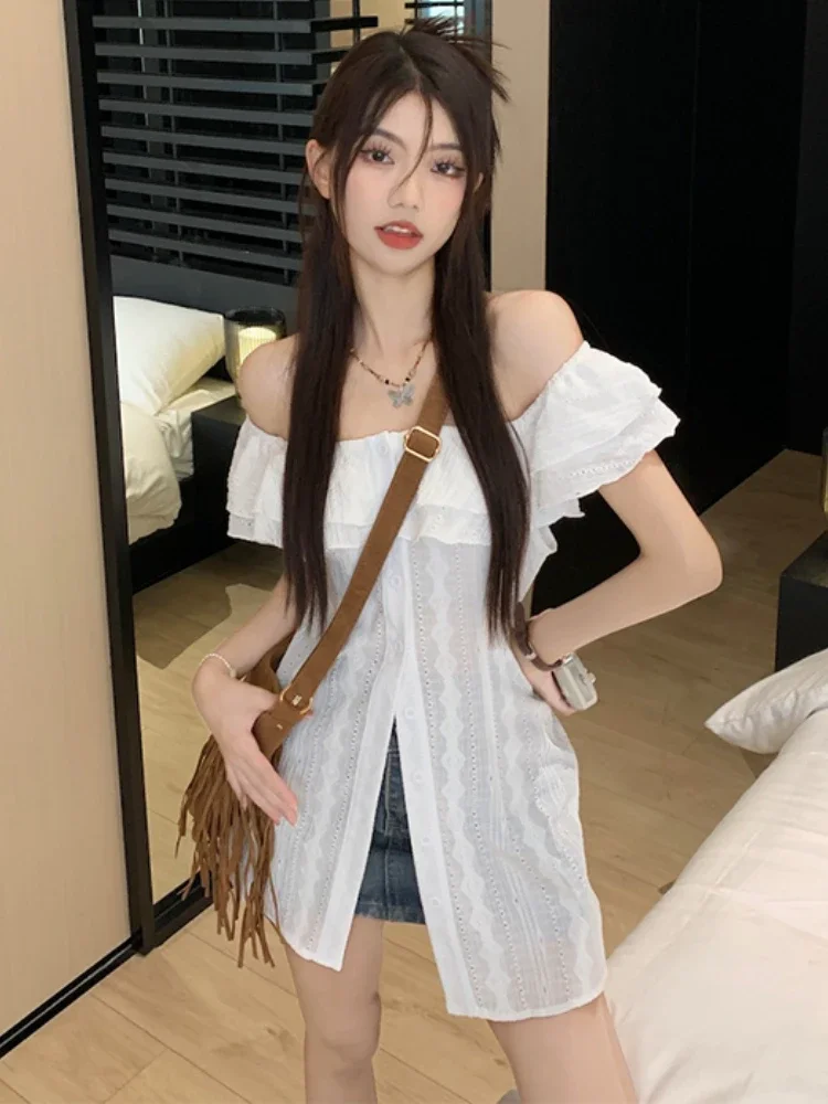 Bluse für Damen, sexy, Slash-Ausschnitt, ärmellos, Sommerhemd, Rüschen, einreihig, süße Blusen, Y2k, gehäkelt, schlank, süße Oberteile