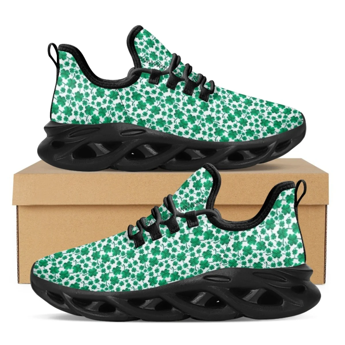 Green Clover Printed Breathable Sneakers Fashion Outdoor Non-slip Flat Shoes Summer Soft Sole Lightweight Lace-up Jogging Shoes