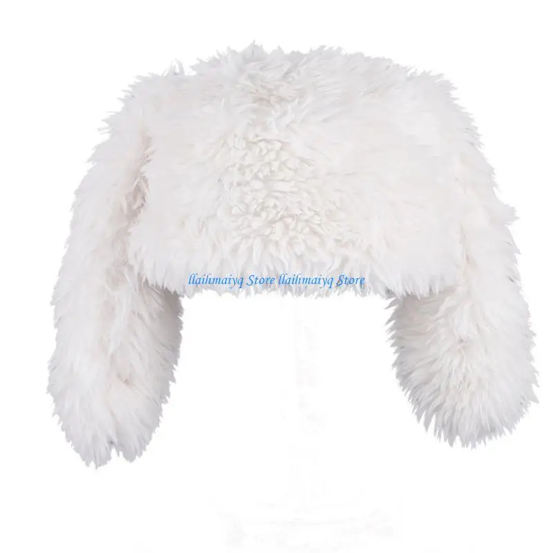 

573B Rabbit Hat Winter Hat Headgear for Outdoors Furry Long Ears Solid Color Large Furry Ears Winter Beanie