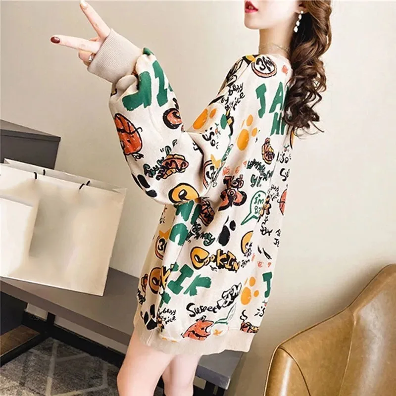 Ladies Large Size 4XL Printing Sweatershirts Spring Autumn Female Medium Long Styles Hoodies 2024 Women Loose Fitting Sweatshirt